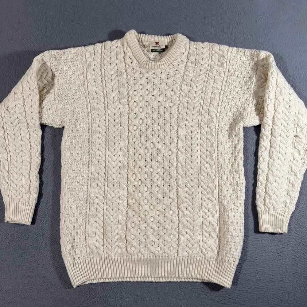 Carraig Donn Sweater Mens Sz L Cream Aran Cable Knit Fisherman Wool Ireland‎ EUC